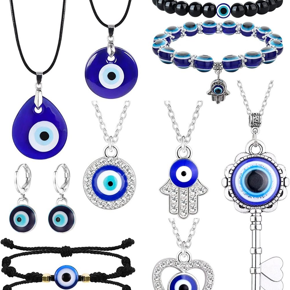 New 11Pcs Evil Eye Necklace Pendant for Women Men Leather Rope Evil Eye Earrings